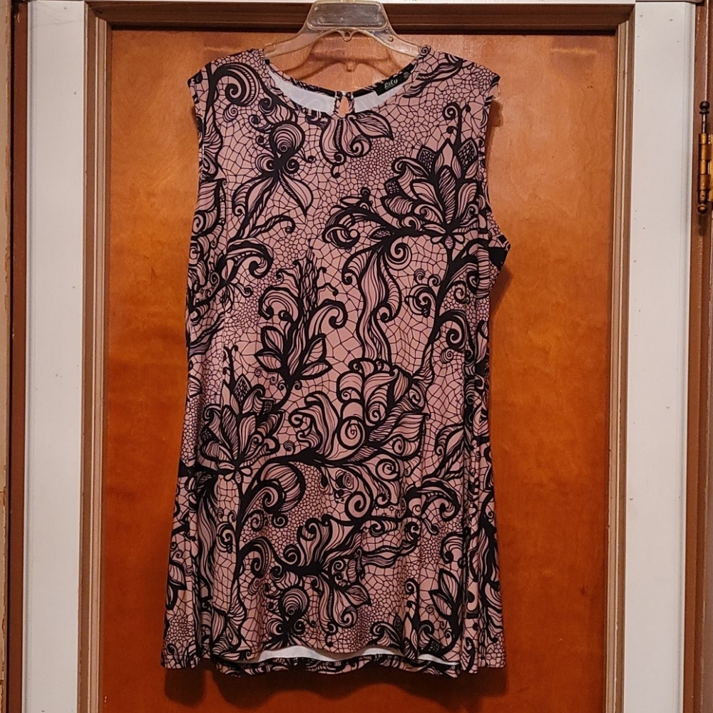 Beige & Black Floral Sleeveless Tunic